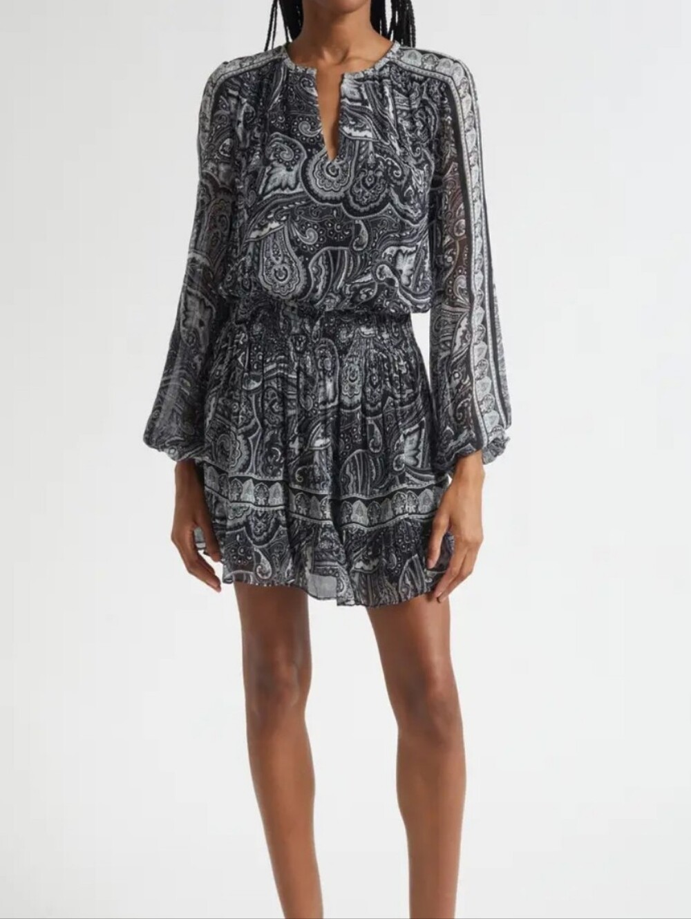 NWT Ramy Brook Maricela Silk Black Paisley Long-Sleeve Smocked Waist Mini Dress